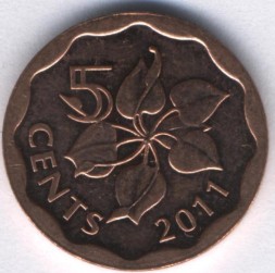 Монета Свазиленд 5 центов 2011 год - Мсвати III
