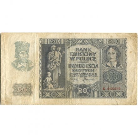 Польша (оккупация Германией) 20 злотых 1940 год - Графиня Эмилия Плятер. Замок Вавель - F