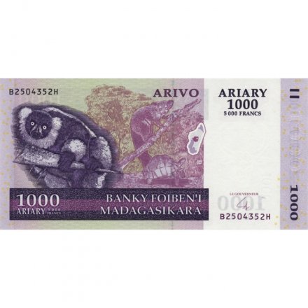 Мадагаскар 1000 ариари (5000 франков) 2004 год - Лемур и черепаха. Агава сизалевая UNC