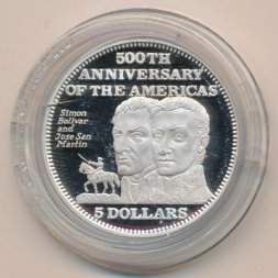 Багамские острова 5 долларов 1992 год - 500 лет открытию Америки. Симон Боливар и Хосе де Сан-Мартин