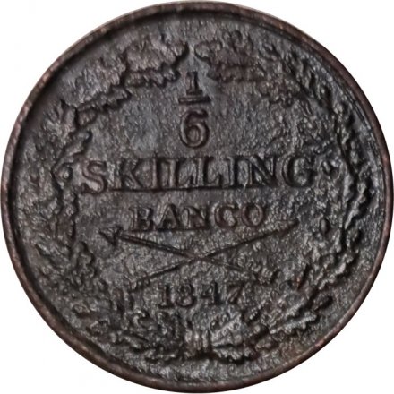 Швеция 1/6 скиллинга 1847 год