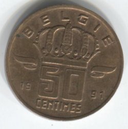 Бельгия 50 сантимов 1991 год BELGIE
