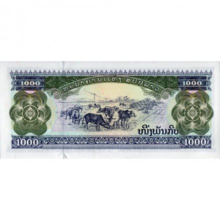 Лаос 1000 кип 2003 год - Храм Пха Тхат-Луанг. Буйволы на пастбище. Герб - UNC