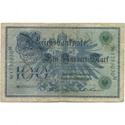 Германия 100 марок 1908 год (зеленая печать) - VG (прокол)