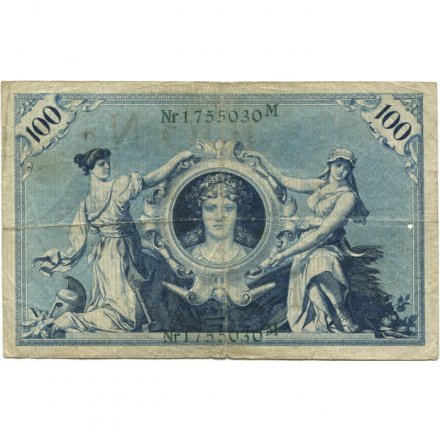 Германия 100 марок 1908 год (зеленая печать) - VG (прокол)