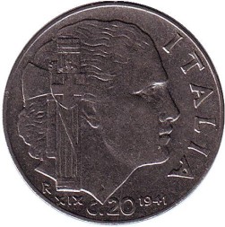 Монета Италия 20 чентезимо 1941 год - Король Виктор Эммануил III