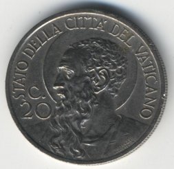 Ватикан 20 чентезимо 1936 год Папа Пий XI
