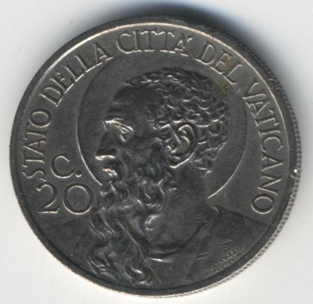 Ватикан 20 чентезимо 1936 год Папа Пий XI
