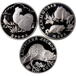 Набор из 3 монет Россия 1 рубль 2004 год - Красная книга: Камышовая жаба, Дрофа, Амурский лесной кот
