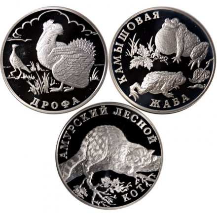 Набор из 3 монет Россия 1 рубль 2004 год - Красная книга: Камышовая жаба, Дрофа, Амурский лесной кот