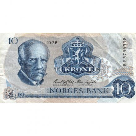 Норвегия 10 крон 1979 год - Фритьоф Нансен. Скульптура «Рыбак» и чайки - VF