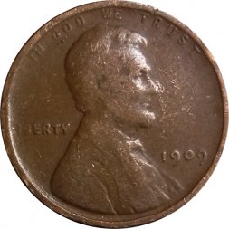 США 1 цент 1909 год (без отметки монетного двора; без подписи "VDB" на реверсе)