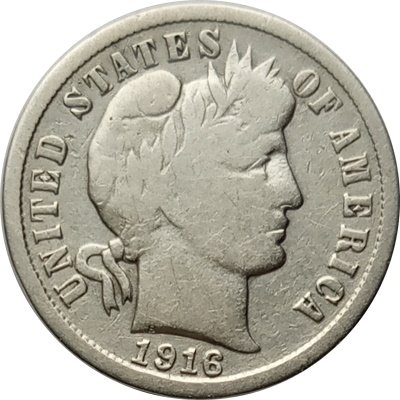 США 1 дайм (10 центов) 1916 год - Barber Dime (S)