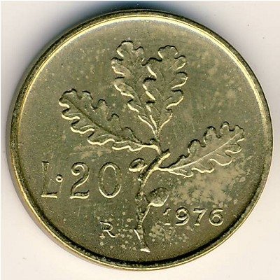 Италия 20 лир 1976 год