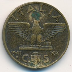 Италия 5 чентезимо 1941 год - Король Виктор Эммануил III