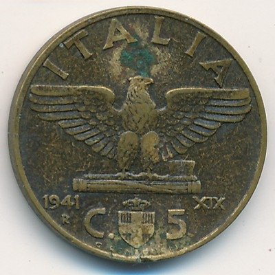 Италия 5 чентезимо 1941 год - Король Виктор Эммануил III