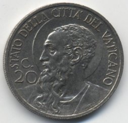 Ватикан 20 чентезимо 1932 год Папа Пий XI