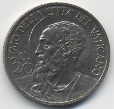Ватикан 20 чентезимо 1932 год Папа Пий XI