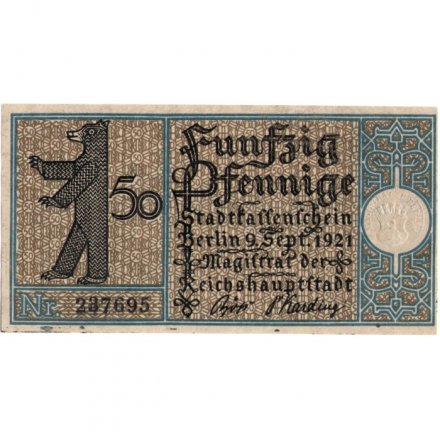 Германия (нотгельд) 50 пфеннигов 1921 год - Серия &quot;Районы Берлина&quot;. Нойкельн. Деревня Риксдорф около 1820 г. (вид 14) - aUNC