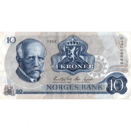 Норвегия 10 крон 1982 год - Фритьоф Нансен. Скульптура «Рыбак» и чайки - VF