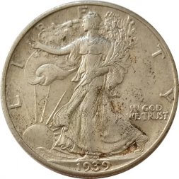 США 1/2 доллара 1939 год - Walking Liberty Half Dollar (без отметки монетного двора)