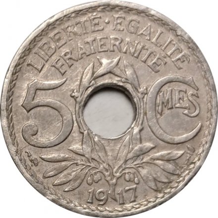 Франция 5 сантимов 1917 год (отверстие в центре)