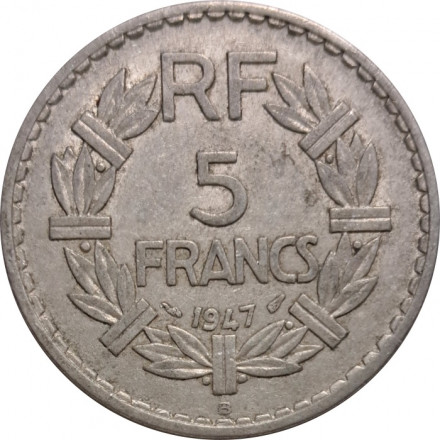 Франция 5 франков 1947 год (алюминий, монетный двор - B)