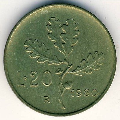 Италия 20 лир 1980 год