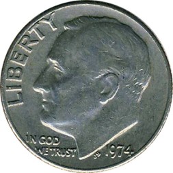 США 1 дайм (10 центов) 1974 год - Франклин Рузвельт (без отметки МД)