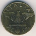 Италия 5 чентезимо 1942 год - Король Виктор Эммануил III