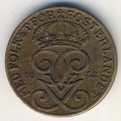 Швеция 1 эре 1942 год - Король Густав V (бронза)