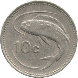 Мальта 10 центов 1986 год - Дорадо (корифена, лампука)