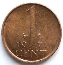 Монета Нидерланды 1 цент 1971 год - Королева Юлиана