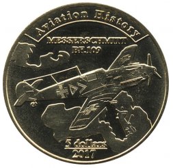 Агрихан (монетовидный жетон) 5 долларов 2017 год - Мессершмитт Bf.109