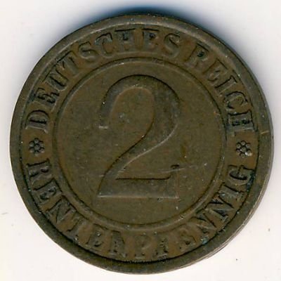 Веймарская республика 2 рентенпфеннига 1923 год (G)
