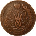 2 копейки 1757 год (номинал под гербом) Елизавета Петровна (1741 - 1762) - перечекан F