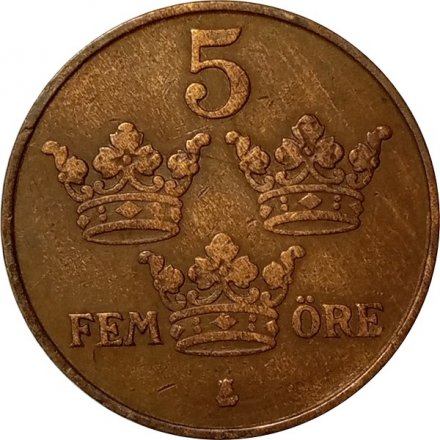 Швеция 5 эре 1916 год (короткий хвостик у &quot;6&quot;) - Король Густав V