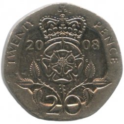 Великобритания 20 пенсов 2008 год (коронованная роза)