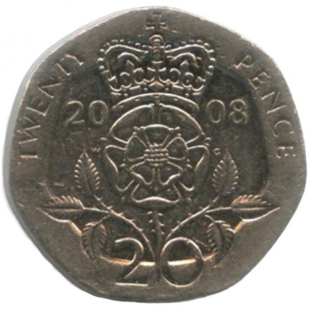 Великобритания 20 пенсов 2008 год (коронованная роза)