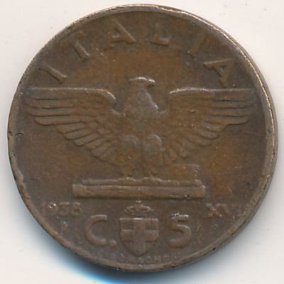 Италия 5 чентезимо 1938 год