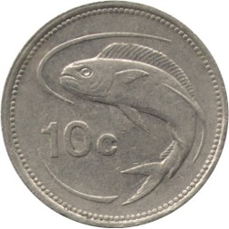 Мальта 10 центов 1991 год - Дорадо (корифена, лампука)