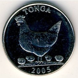 Монета Тонга 5 сенити 2005 год - Курица с цыплятами