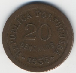 Монета Гвинея-Бисау 20 сентаво 1933 год