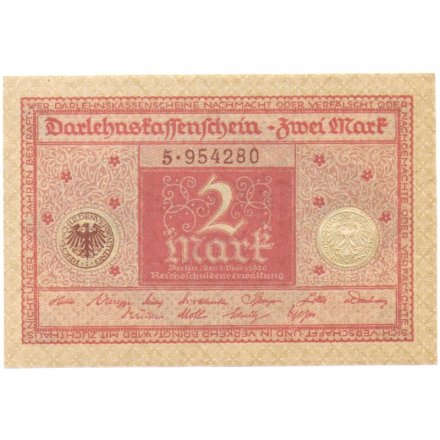 Веймарская Республика 2 марки 1920 год - красная печать - UNC