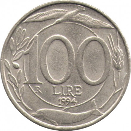 Италия 100 лир 1994 год - Фауна. Дельфин и птица
