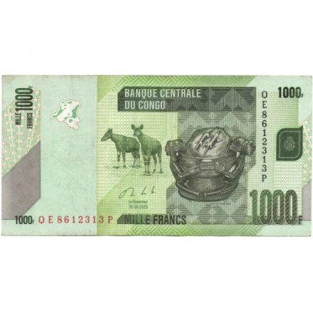 Конго 1000 франков 2020 год - Окапи. Шкатулка каниока. Жако (серый попугай) - VF