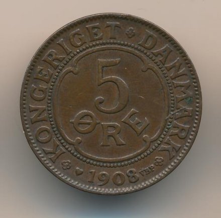 Дания 5 эре 1908 год