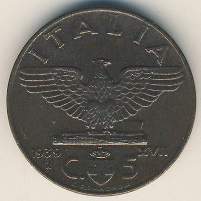 Италия 5 чентезимо 1939 год (медь)