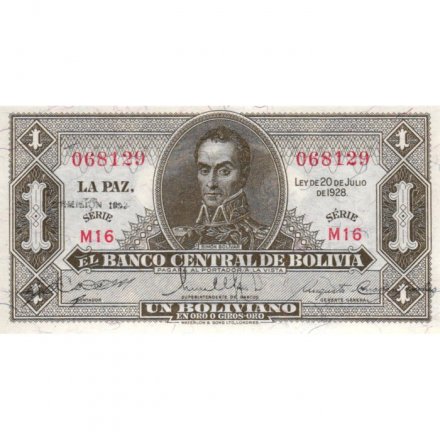 Боливия 1 боливиано 1928 (1952) год - UNC-