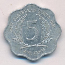 Монета Восточные Карибы 5 центов 1981 год